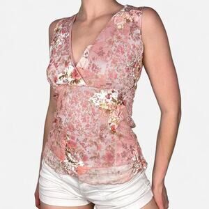 Pink floral mesh cross v neck sleeveless top - fits like medium